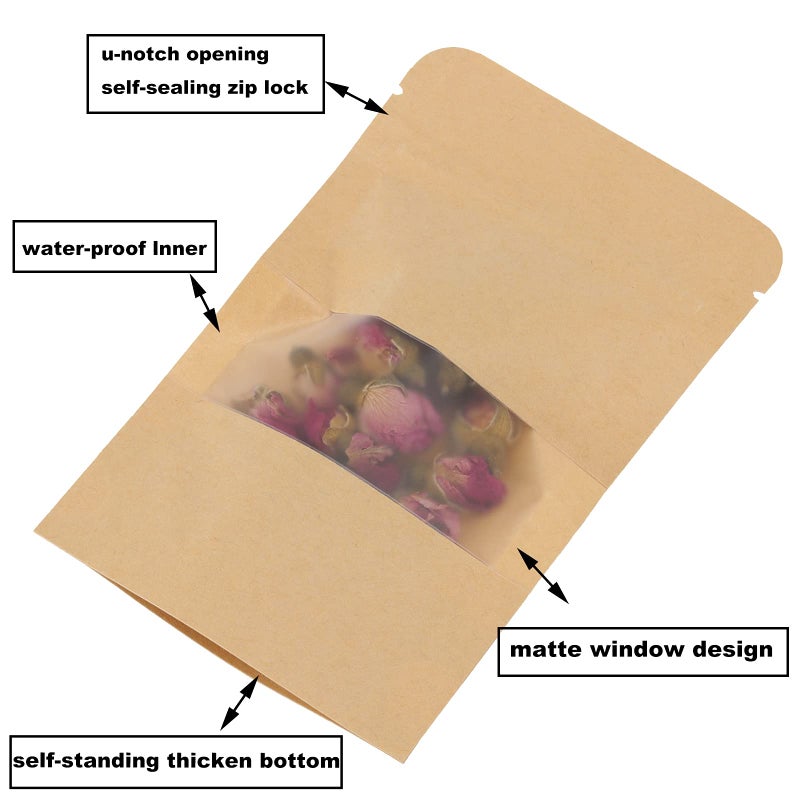 SHEUTSAN 500 Pack Kraft Bags with Window  3.5 x 5.5 Inches Stand Up Storage Pouches Ziplock Sealing Packaging Paper Bag Resealable Sample Bags for home and business use - Image 5