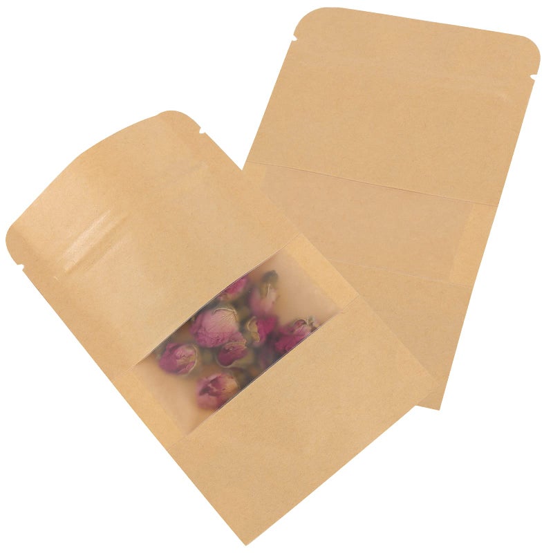 SHEUTSAN 500 Pack Kraft Bags with Window  3.5 x 5.5 Inches Stand Up Storage Pouches Ziplock Sealing Packaging Paper Bag Resealable Sample Bags for home and business use - Image 1
