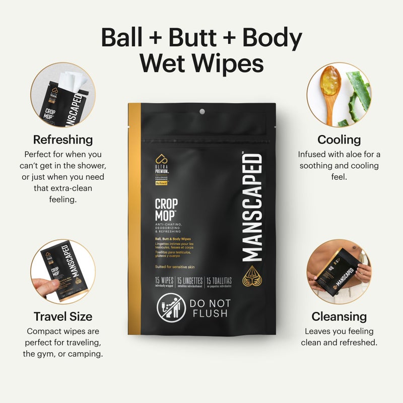 MANSCAPED® Crop Mop® On-The-Go Individually Wrapped Ball Wipes, Anti-Chafing Male Hygiene Body Wipes, Cleaning Wipe Designed for The Male Groin Area with Refreshing and Cooling Aloe Vera, 15 Pack - Image 2