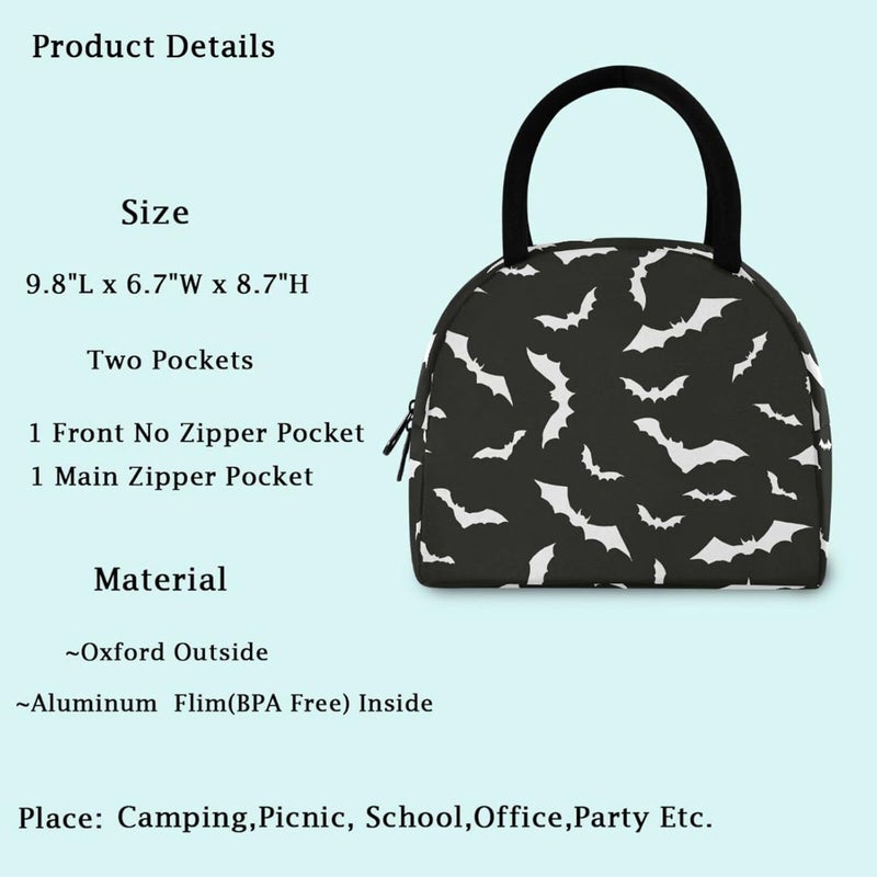 ZzWwR Stylish Bats Halloween Pattern Reusable Lunch Tote Bag with Front Pocket Zipper Closure Insulated Cooler Container Bag for Man Women Work Picnic Travel Beach Fishing - Image 2