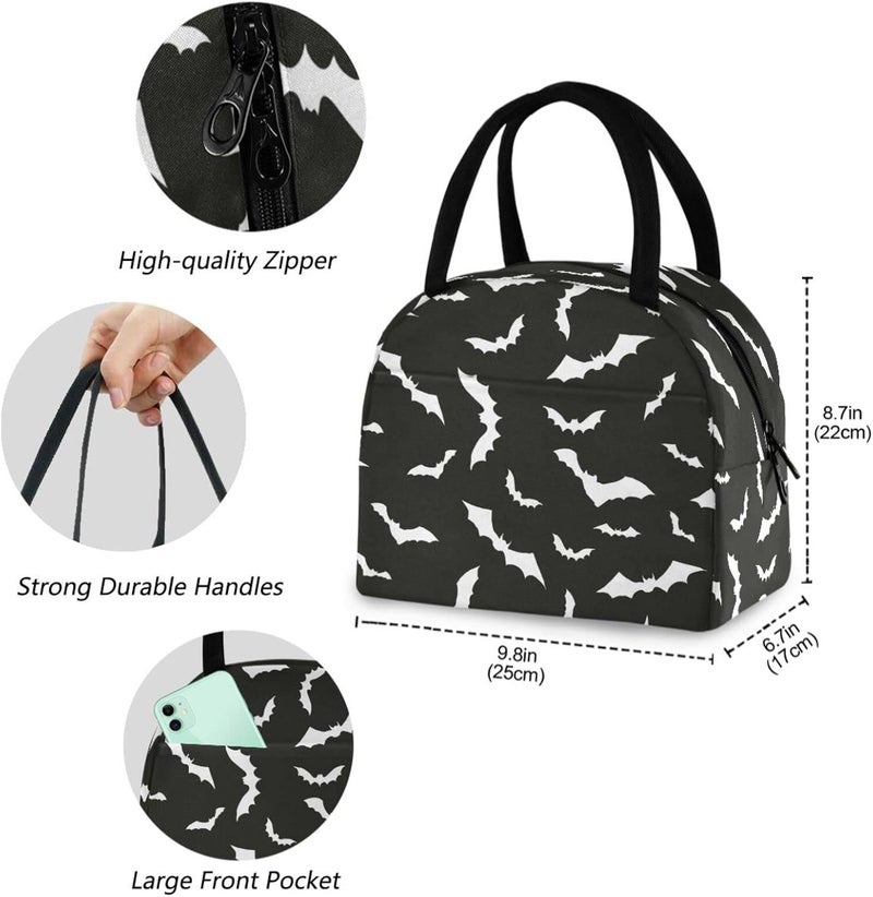 ZzWwR Stylish Bats Halloween Pattern Reusable Lunch Tote Bag with Front Pocket Zipper Closure Insulated Cooler Container Bag for Man Women Work Picnic Travel Beach Fishing - Image 3