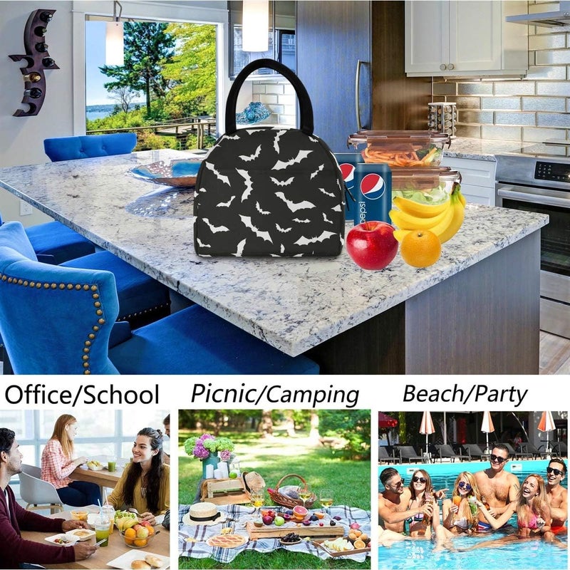 ZzWwR Stylish Bats Halloween Pattern Reusable Lunch Tote Bag with Front Pocket Zipper Closure Insulated Cooler Container Bag for Man Women Work Picnic Travel Beach Fishing - Image 5