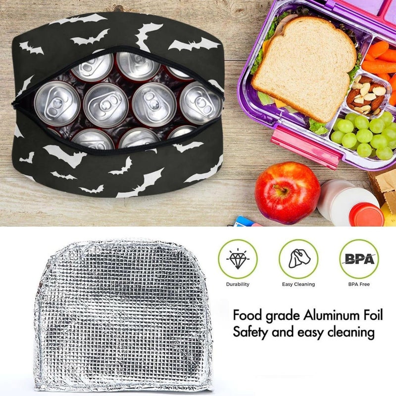 ZzWwR Stylish Bats Halloween Pattern Reusable Lunch Tote Bag with Front Pocket Zipper Closure Insulated Cooler Container Bag for Man Women Work Picnic Travel Beach Fishing - Image 4
