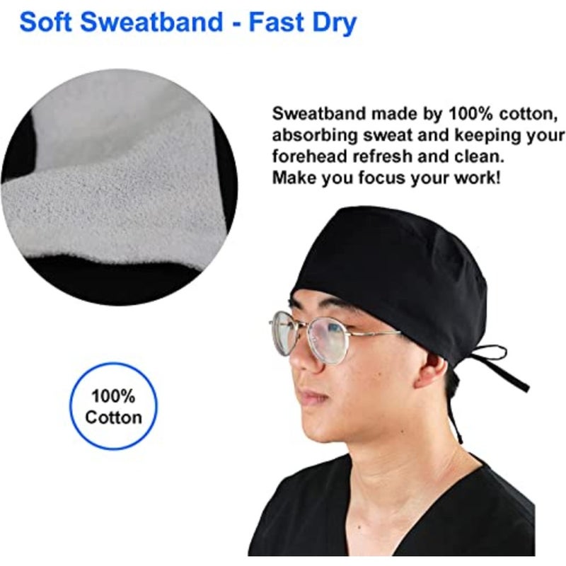 Unisex Adjustable Scrub Cap for Healthcare Settings, Cotton Blend with Black Color and Moisture-Wicking Sweatband - Image 2