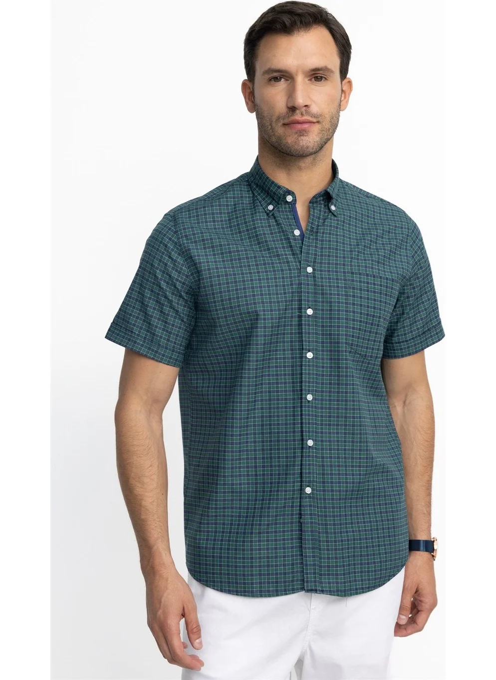 Tudors Classic Fit Short Sleeve Plaid Button Collar Men's Green Shirt
