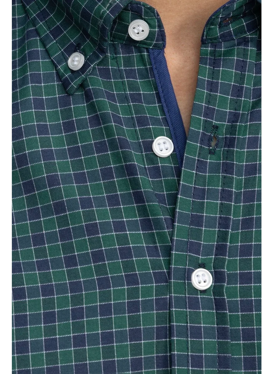 Tudors Classic Fit Short Sleeve Plaid Button Collar Men's Green Shirt