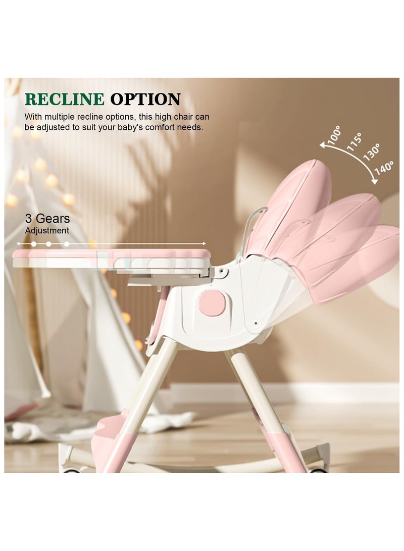 NANAO 4-1 Convertible Baby High Chair,Foldable Kids Feeding Chair | Infant Dining Chair,Toddlers Rocking Chair with Adjustable Height,Recliner Chair & 3 Gears Food Tray for Babies (Pink) - Image 4