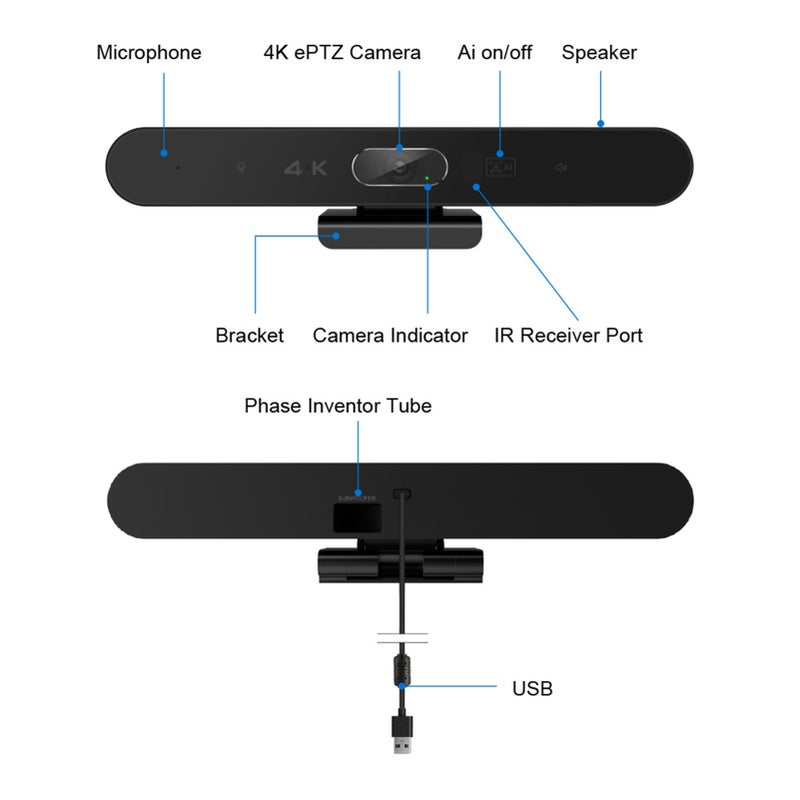 كاميرا ويب USB 4K كاميرا مؤتمرات فيديو عالية الوضوح مع ميكروفون ومكبر صوت بتتبع وجه بالذكاء الاصطناعي وتصويت تلقائي واستلام صوت بزاوية 360 درجة وتشغيل سريع عند الشحن متوافقة مع ويندوز وأندرويد وماك لمؤتمرات الفيديو/الأنترنت - Image 2