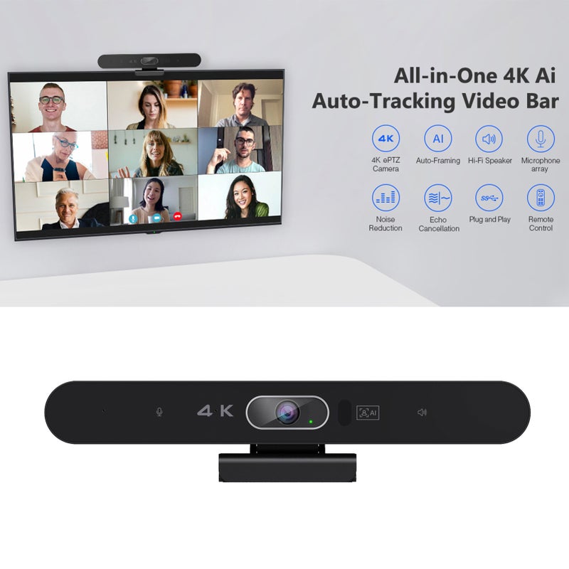 كاميرا ويب USB 4K كاميرا مؤتمرات فيديو عالية الوضوح مع ميكروفون ومكبر صوت بتتبع وجه بالذكاء الاصطناعي وتصويت تلقائي واستلام صوت بزاوية 360 درجة وتشغيل سريع عند الشحن متوافقة مع ويندوز وأندرويد وماك لمؤتمرات الفيديو/الأنترنت - Image 3