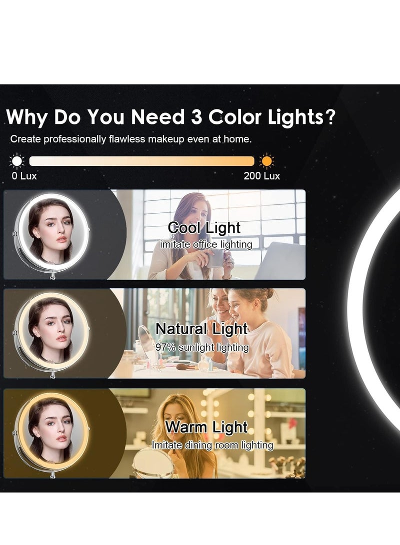 LIMOS Lighted Makeup Mirror, 8" Rechargeable Double Sided Magnifying Mirror with 3 Colors, 1x/10x 360° Rotation Touch Screen Vanity Mirror, Brightness Adjustable Magnification Cosmetic Light up Mirror - Image 2