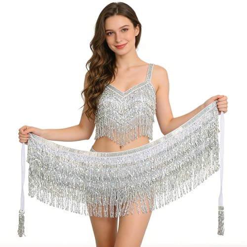 FeelfunFeather Sequin Tassel Skirt Women's Belly Dance Hip Scarf Skirts for Rave Festival Party Costume Stage Performance-Silver - Image 2