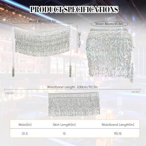 FeelfunFeather Sequin Tassel Skirt Women's Belly Dance Hip Scarf Skirts for Rave Festival Party Costume Stage Performance-Silver - Image 4