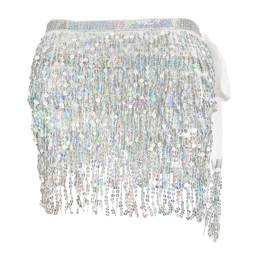 FeelfunFeather Sequin Tassel Skirt Women's Belly Dance Hip Scarf Skirts for Rave Festival Party Costume Stage Performance-Silver - Image 1