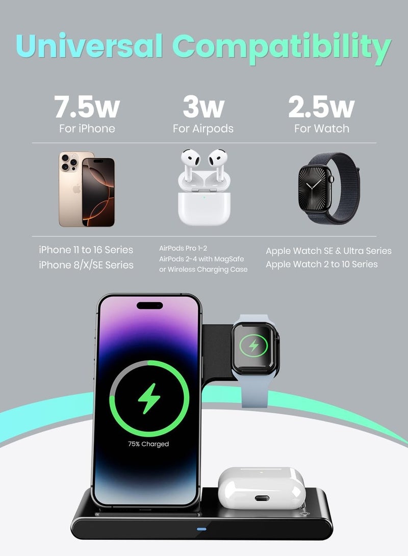 General Wireless Charger 3 in 1, 15W Fast Charging Station for Apple Watch 10/9/8/Ultra 2/Ultra/SE/7/6/5/4/3/2, for AirPods 3/2/1/Pro for iPhone 16/15/14/13 /Plus/Pro/Pro Max/12/11(Black)  - Image 2