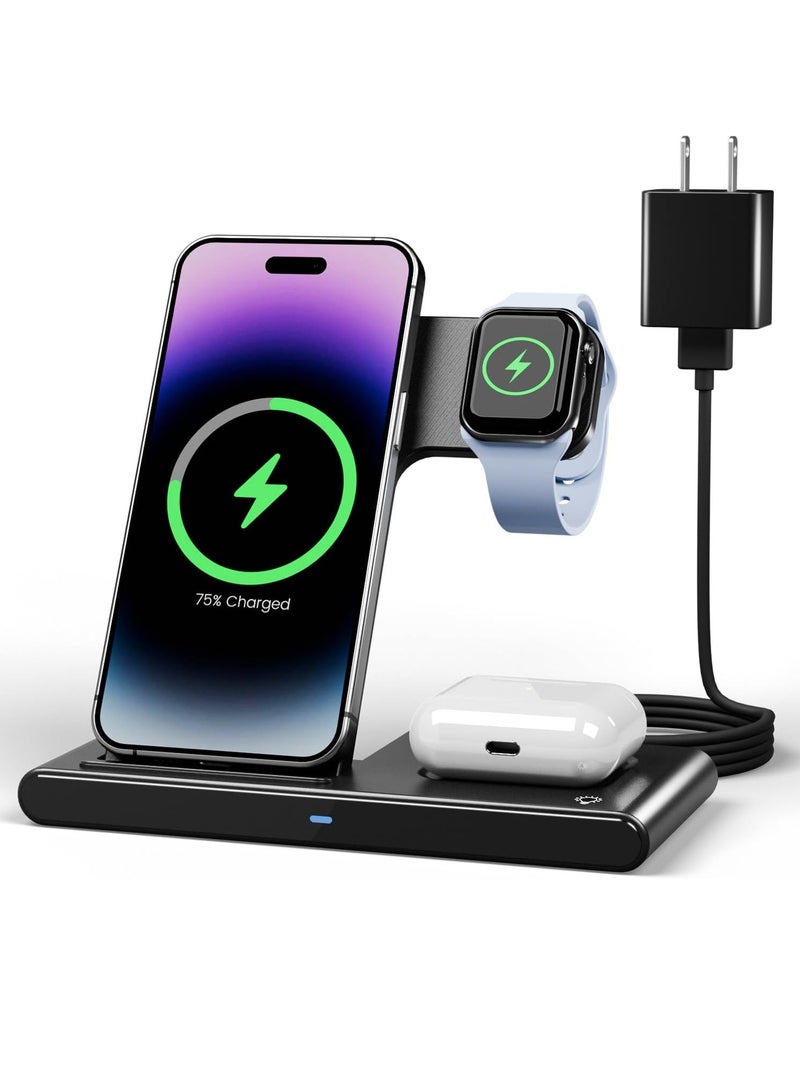 General Wireless Charger 3 in 1, 15W Fast Charging Station for Apple Watch 10/9/8/Ultra 2/Ultra/SE/7/6/5/4/3/2, for AirPods 3/2/1/Pro for iPhone 16/15/14/13 /Plus/Pro/Pro Max/12/11(Black)  - Image 1