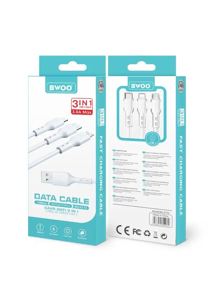 BWOO - High-Quality 3-in-1 USB Charging Cable by BWOO with PVC Material for Mobile Phones – Power Only, Universal Compatibility - Image 1