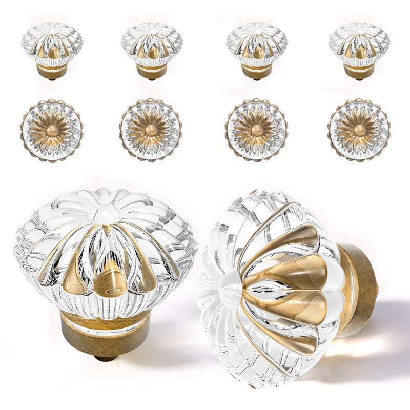 CEYMIO Crystal Cabinet Knobs Cabinets Knob, 8 Pack Flower Antique Brass Vintage Glass Clear Crystal Small Pull for Closet Dresser Drawers Cupboard,Retro Pulls Old Style Bronze Drawer Handle - Image 1