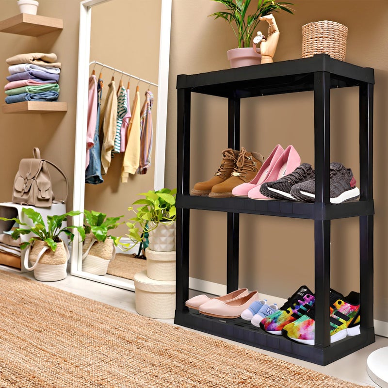 Koolatron Oskar Heavy Duty Plastic Storage Shelves- for Garage, Kitchen, Bathroom Basement Kids Room, Stackable 3-Tier Black Organizer Rack for Books Shoes, Toys, Pantry, Cleaning and Closet Organization - Image 2