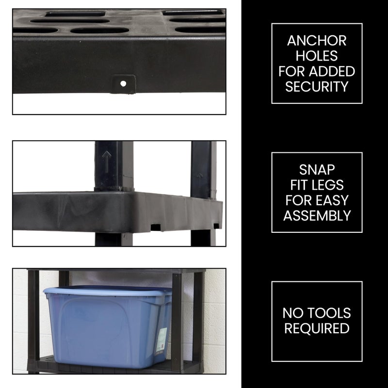 Koolatron Oskar Heavy Duty Plastic Storage Shelves- for Garage, Kitchen, Bathroom Basement Kids Room, Stackable 3-Tier Black Organizer Rack for Books Shoes, Toys, Pantry, Cleaning and Closet Organization - Image 4