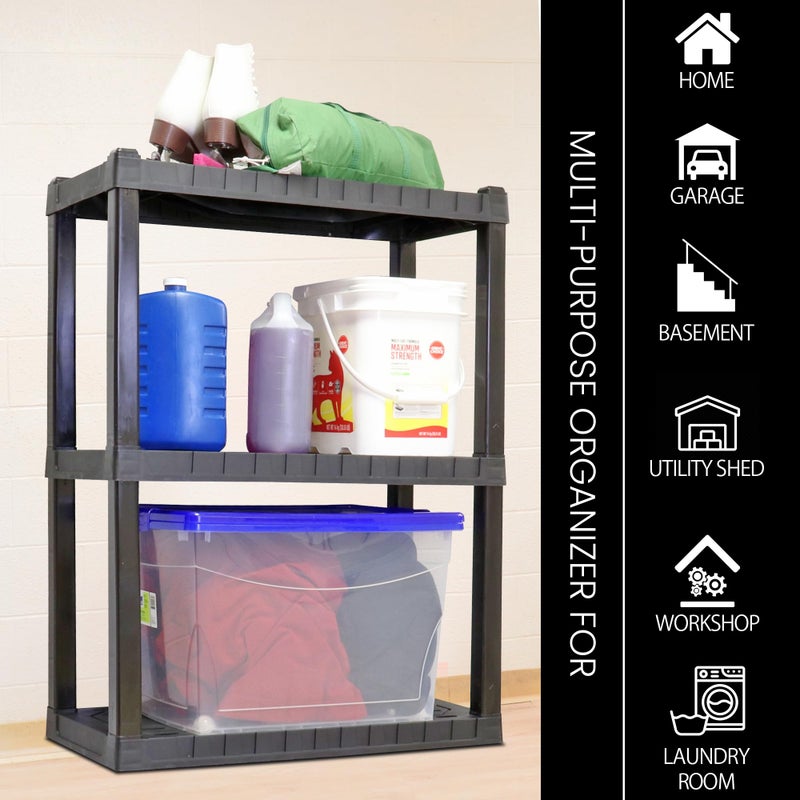 Koolatron Oskar Heavy Duty Plastic Storage Shelves- for Garage, Kitchen, Bathroom Basement Kids Room, Stackable 3-Tier Black Organizer Rack for Books Shoes, Toys, Pantry, Cleaning and Closet Organization - Image 3