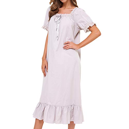 Lu's Chic Women's Victorian Nightgown Cotton Sleepwear Long Loungewear Short Sleeve Soft Nightwear Night Dress Sleep Calf Length Ruffle Nightdress Scoop Neck Lace Solid Grey XX-Large - Image 4