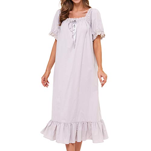 Lu's Chic Women's Victorian Nightgown Cotton Sleepwear Long Loungewear Short Sleeve Soft Nightwear Night Dress Sleep Calf Length Ruffle Nightdress Scoop Neck Lace Solid Grey XX-Large - Image 1