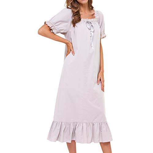 Lu's Chic Women's Victorian Nightgown Cotton Sleepwear Long Loungewear Short Sleeve Soft Nightwear Night Dress Sleep Calf Length Ruffle Nightdress Scoop Neck Lace Solid Grey XX-Large - Image 5