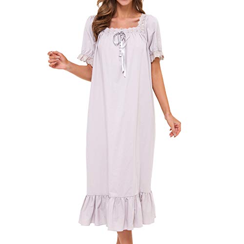 Lu's Chic Women's Victorian Nightgown Cotton Sleepwear Long Loungewear Short Sleeve Soft Nightwear Night Dress Sleep Calf Length Ruffle Nightdress Scoop Neck Lace Solid Grey XX-Large - Image 3