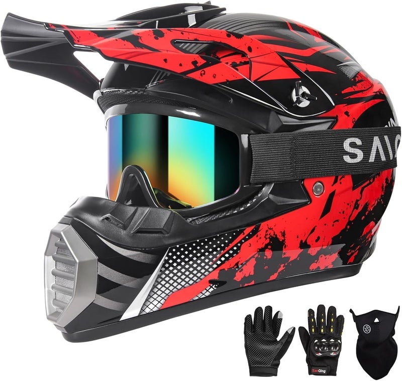 Cutey CUETY DOT Youth Kids Motocross Helmet with Goggles, Gloves, and Mask - Unisex Off-Road Full Face Motorcycle Helmet - Image 1