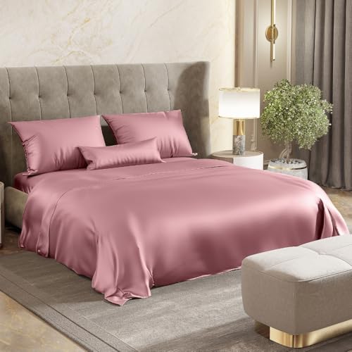 haus & kinder Satin Bedsheets Queen Size Bed, 300 TC Premium Satin Bed Sheet Double Bed, 100 X 90 Inches Queen Size Satin Bedsheet with 2 Pillow Covers -Muted Rose - Image 1