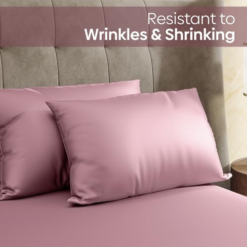 haus & kinder Satin Bedsheets Queen Size Bed, 300 TC Premium Satin Bed Sheet Double Bed, 100 X 90 Inches Queen Size Satin Bedsheet with 2 Pillow Covers -Muted Rose - Image 5