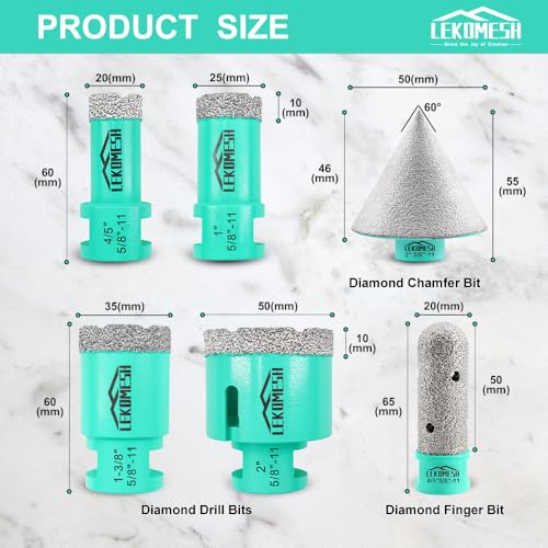 LEKOMESH Diamond Core Drill Bits Set 6pcs Tile Hole Saw Kit for Porcelain Tile Ceramic Marble Brick Concrete with 5/8-11 Thread(20/25/35/50/20mm+20mm Finger Bit+50mm Beveling Chamfer Bit) - Image 2