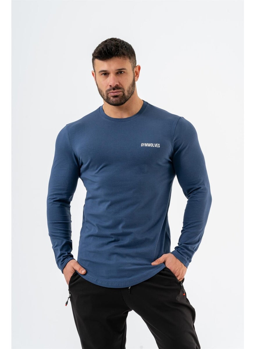 Gymwolves Men's Sports Bodysuit | Indigo | Long Sleeve Sports T-Shirt | Basic Series |  - Image 1