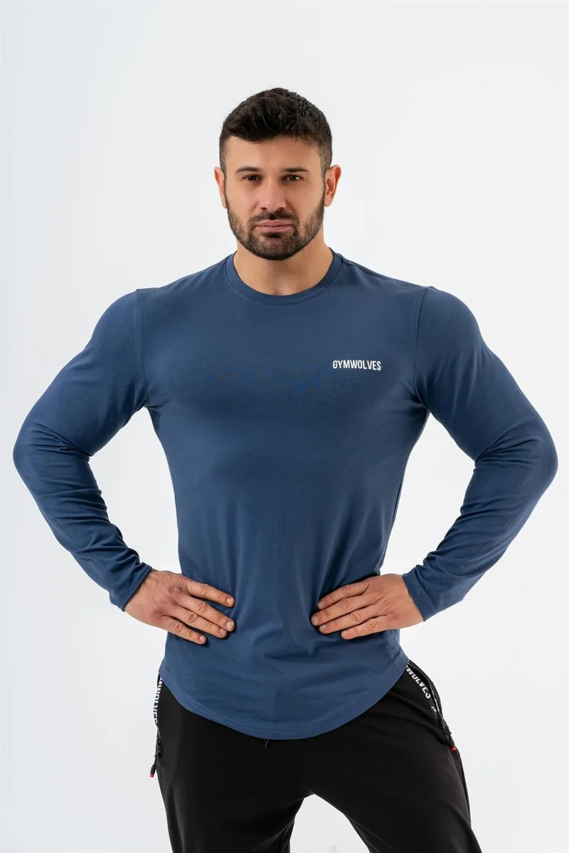Gymwolves Men's Sports Bodysuit | Indigo | Long Sleeve Sports T-Shirt | Basic Series |