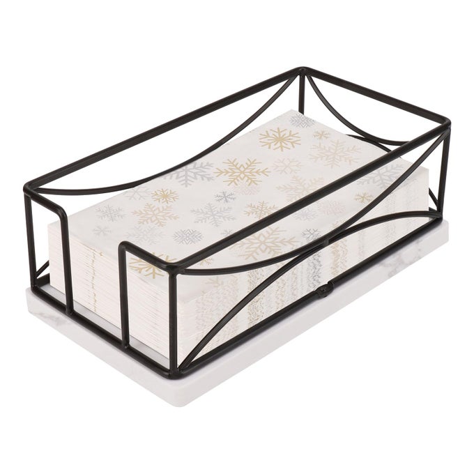 GUEST NAPKIN HOLDER METAL BATHROOM PAPER HAND TOWEL STORAGE MODERN NAPKIN TRAY CADDY FOR COUNTERTOP TABLE KITCHEN DINNING ROOM BLACK MARBLE BASE