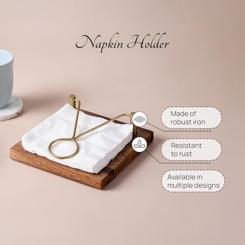 Nestroots Wooden Napkin Holder with Gold Metal Frame | 8X8 Inch Teak Wood Tissue Stand for Dining Table & Kitchen Countertop - Image 5