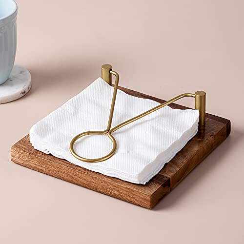 Nestroots Wooden Napkin Holder with Gold Metal Frame | 8X8 Inch Teak Wood Tissue Stand for Dining Table & Kitchen Countertop - Image 2