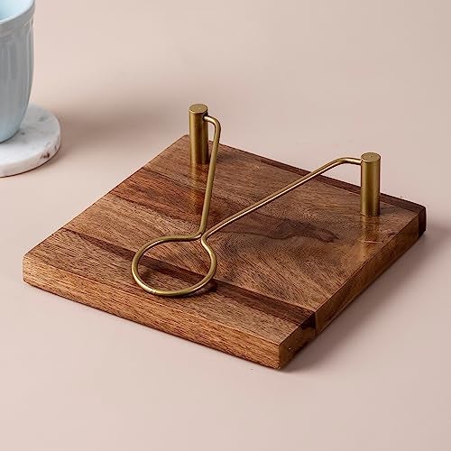 Nestroots Wooden Napkin Holder with Gold Metal Frame | 8X8 Inch Teak Wood Tissue Stand for Dining Table & Kitchen Countertop - Image 1