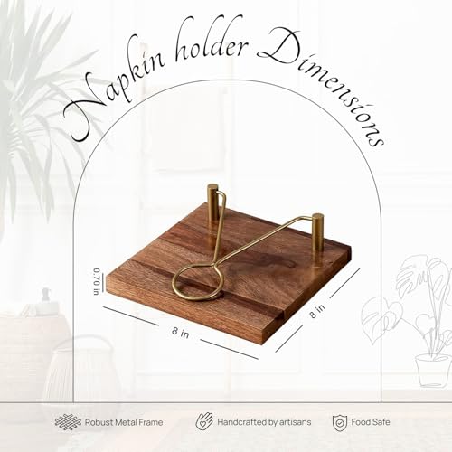 Nestroots Wooden Napkin Holder with Gold Metal Frame | 8X8 Inch Teak Wood Tissue Stand for Dining Table & Kitchen Countertop - Image 3
