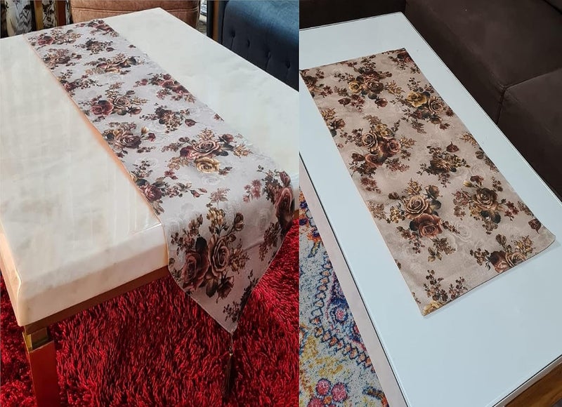 Groki 2 Pcs Table Runner Set Digitally Printed Floral Design 16x33In 16x72In Brown Dining Centre Table Decor - Image 1