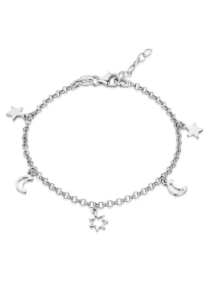 Amberta Women 925 Sterling Silver Anklet With Charms: Ankle Bracelet With Moons And Stars - 22 + 4 Cm - Image 1
