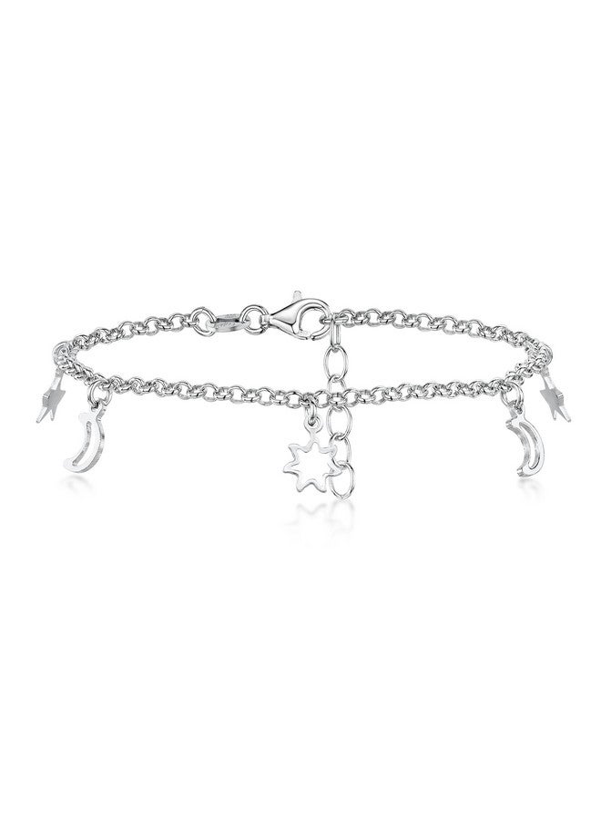 Amberta Women 925 Sterling Silver Anklet With Charms: Ankle Bracelet With Moons And Stars - 22 + 4 Cm - Image 3