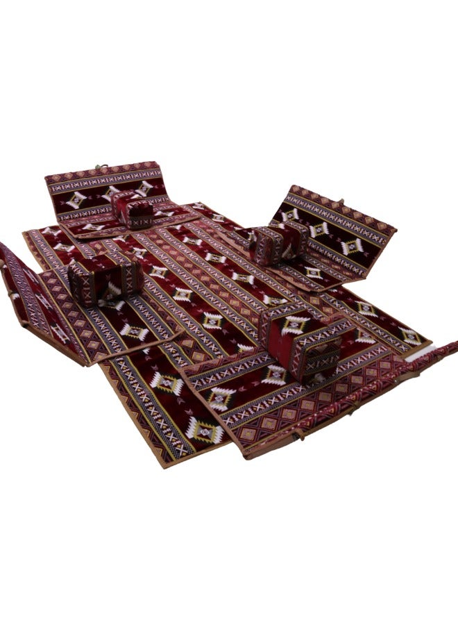 سمارت هوم مجموعة جلوس أرضية تراثية مكونة من 9 قطع مناسبة للسفر والرحلات البرية والحديقة , طقم فرشة تخييم ارضية مع اربع مراكى و 4 كراسي وبساط من القماش عالي الجودة يكفي ل 8 أشخاص (قماش تركي) - Image 1