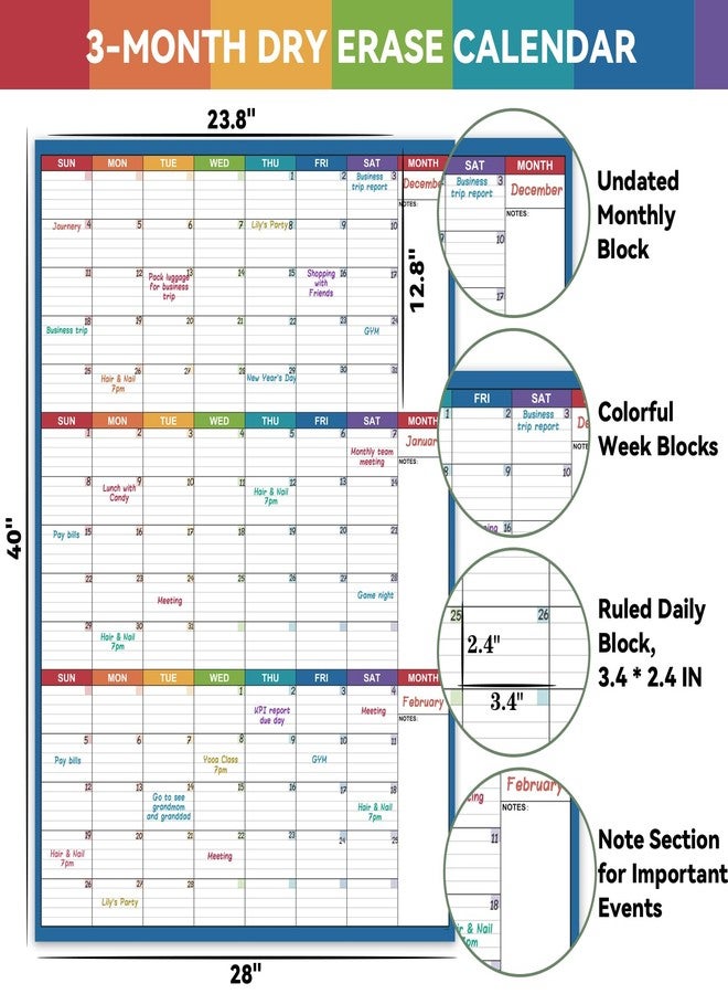 Tersus Large Dry Erase Calendar For Wall - Undated 3 Month Calendar, 28'' x 40'', Erasable & Reusable Laminated White Board, 8 Round Stickers, Vertical for Office, Home and School - Image 4