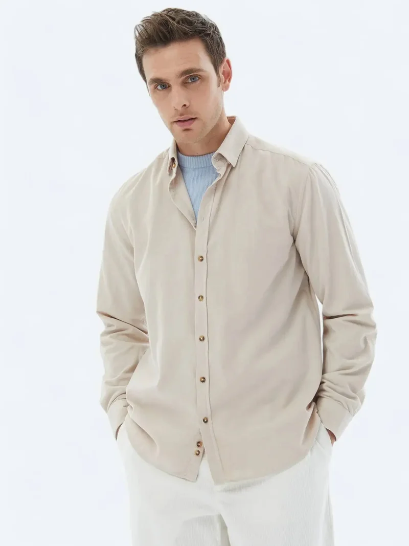 Kip Beige Ribbed Regular Fit Weaving Casual 100% Cotton Shirt