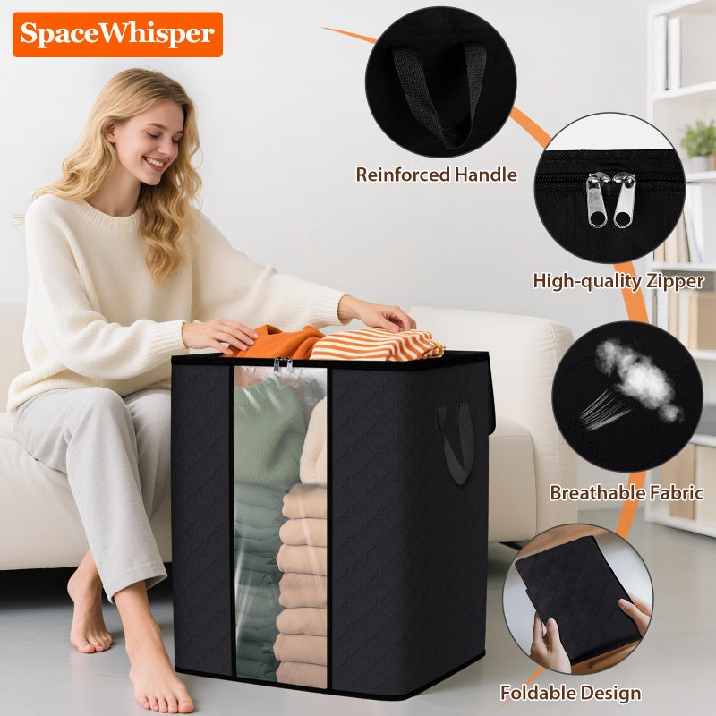 SpaceWhisper 3 Pack 100L Clothes Storage, Foldable Thick Fabric Blanket Storage Bags, Containers for Organizing Bedroom, Closet, Clothing, Comforter,Closet Organization with Handle,Black - Image 3
