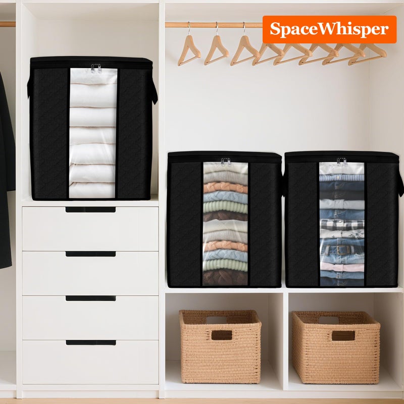 SpaceWhisper 3 Pack 100L Clothes Storage, Foldable Thick Fabric Blanket Storage Bags, Containers for Organizing Bedroom, Closet, Clothing, Comforter,Closet Organization with Handle,Black - Image 5