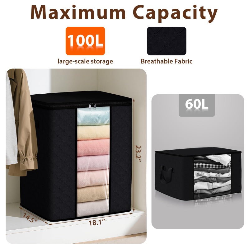 SpaceWhisper 3 Pack 100L Clothes Storage, Foldable Thick Fabric Blanket Storage Bags, Containers for Organizing Bedroom, Closet, Clothing, Comforter,Closet Organization with Handle,Black - Image 2