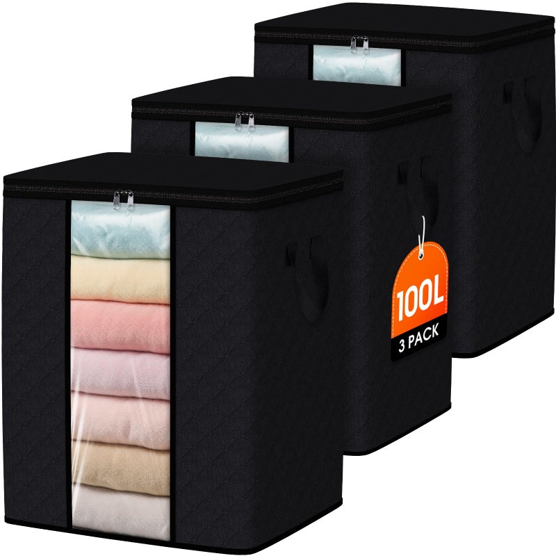 SpaceWhisper 3 Pack 100L Clothes Storage, Foldable Thick Fabric Blanket Storage Bags, Containers for Organizing Bedroom, Closet, Clothing, Comforter,Closet Organization with Handle,Black - Image 1