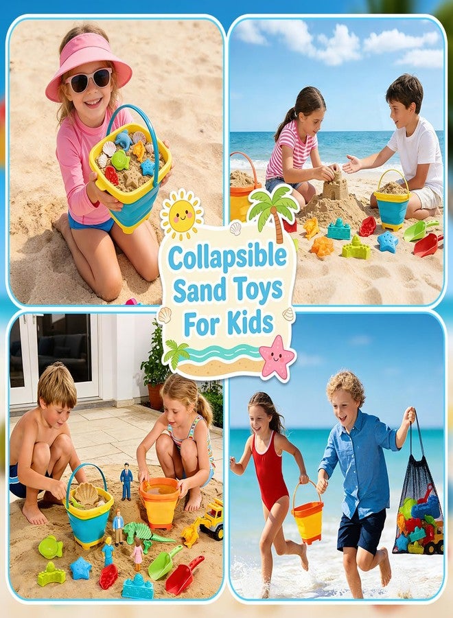 MicQutr Foldable Beach Bucket and Shovel Set for Kids, 20PCS Sand Toys with Sand Molds (Castle, Dinosaur, Sea Animal) & Mesh Bag, Toddler Collapsible Outdoor Sand Toys for Beach, Sandbox, Pool, Summer Gift - Image 5
